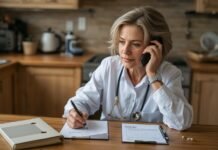 How to Organize Medical Information for an Aging Parent A woman in a white blouse talking on the phone while taking notes at a wooden kitchen table.