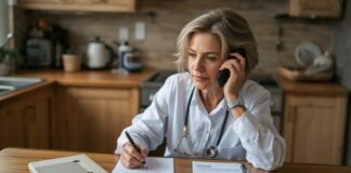 How to Organize Medical Information for an Aging Parent A woman in a white blouse talking on the phone while taking notes at a wooden kitchen table.