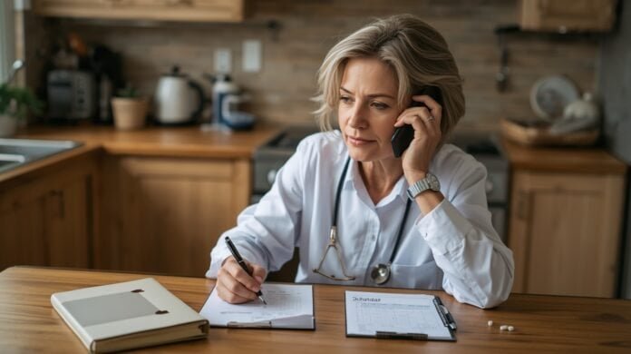 FI-069-organize-medical-information-parent A woman in a white blouse talking on the phone while taking notes at a wooden kitchen table.