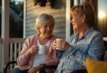 Early Signs of Caregiver Burnout (Before It Becomes Serious) Enjoying a warm coffee together on a cozy porch in late afternoon sunlight.