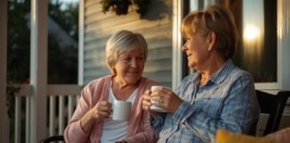 Early Signs of Caregiver Burnout (Before It Becomes Serious) Enjoying a warm coffee together on a cozy porch in late afternoon sunlight.