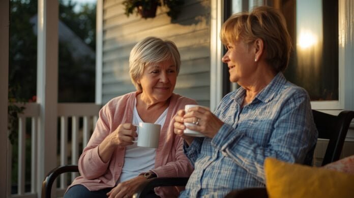 Enjoying a warm coffee together on a cozy porch in late afternoon sunlight.