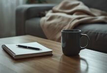 Why Caregivers Feel Guilty — And How to Manage It Cozy living room with a coffee mug, notebook, and blanket on a wooden table.