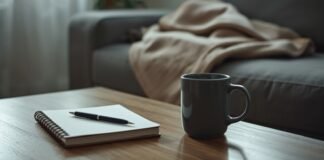Why Caregivers Feel Guilty — And How to Manage It Cozy living room with a coffee mug, notebook, and blanket on a wooden table.