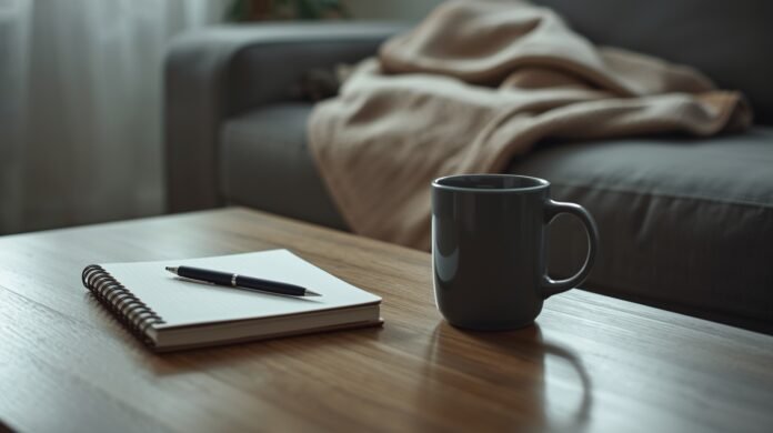 FI-071-emotional-fatigue-isnt-burnout-accumulation Cozy living room with a coffee mug, notebook, and blanket on a wooden table.