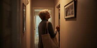 How Caregiving Changes Your Identity Over Time A senior woman admiring artwork in a cozy home hallway.