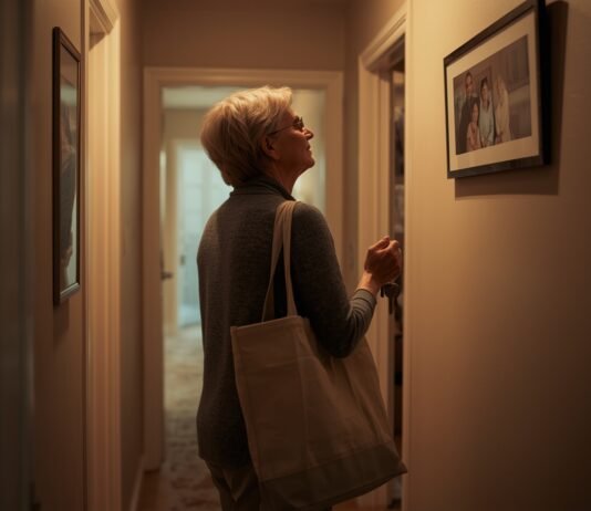 How Caregiving Changes Your Identity Over Time A senior woman admiring artwork in a cozy home hallway.
