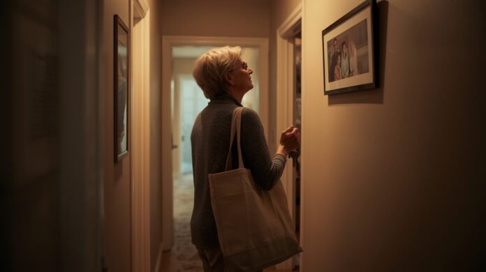 A senior woman admiring artwork in a cozy home hallway.