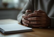 Emotional Exhaustion in Caregivers: What It Really Feels Like Woman holding a coffee mug with a notebook on a wooden table, cozy atmosphere.