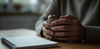 Emotional Exhaustion in Caregivers: What It Really Feels Like Woman holding a coffee mug with a notebook on a wooden table, cozy atmosphere.