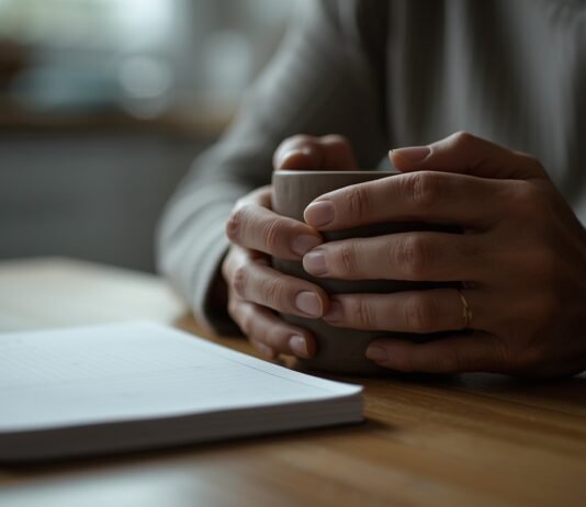 Emotional Exhaustion in Caregivers: What It Really Feels Like Woman holding a coffee mug with a notebook on a wooden table, cozy atmosphere.