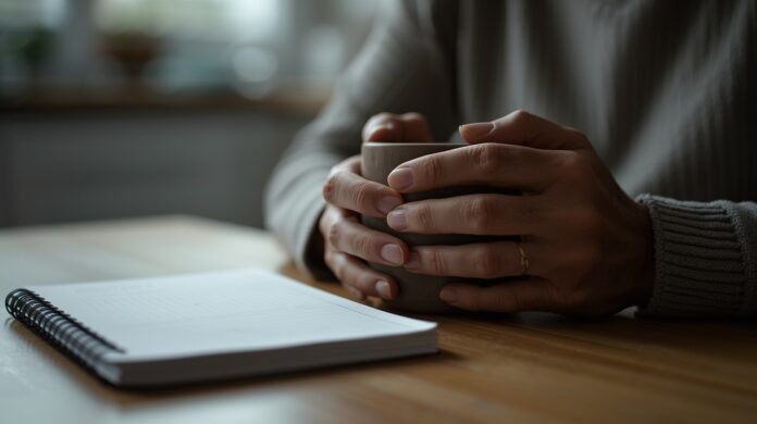 Woman holding a coffee mug with a notebook on a wooden table, cozy atmosphere.