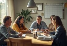Why Every Family Needs a Care Plan Before There’s a Crisis A woman and three men in a meeting room discussing health and aging strategies.