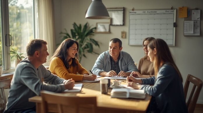 A woman and three men in a meeting room discussing health and aging strategies.