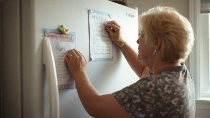 A woman writing on a whiteboard with notes and reminders about family and daily tasks.