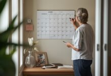 The Caregiving Roadmap: From Crisis to Stability Adult caregiver marking steps on a simple wall calendar while a folder and keys rest on a nearby entry table in soft morning light.