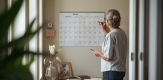 The Caregiving Roadmap: From Crisis to Stability Adult caregiver marking steps on a simple wall calendar while a folder and keys rest on a nearby entry table in soft morning light.
