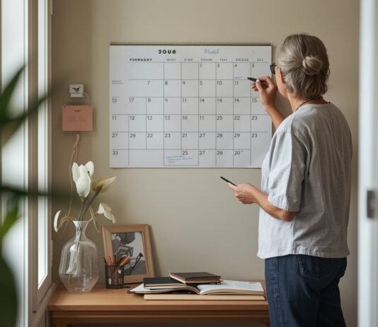 The Caregiving Roadmap: From Crisis to Stability Adult caregiver marking steps on a simple wall calendar while a folder and keys rest on a nearby entry table in soft morning light.