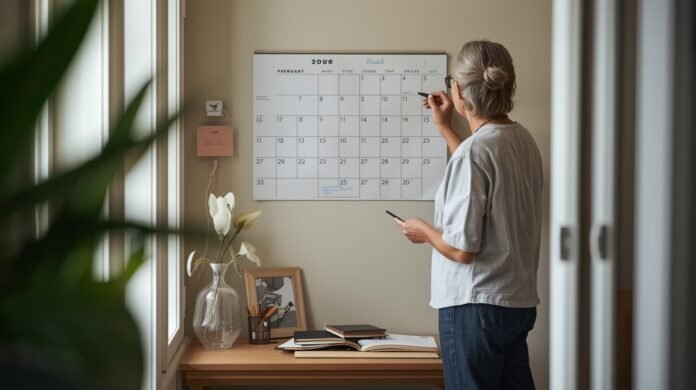 Adult caregiver marking steps on a simple wall calendar while a folder and keys rest on a nearby entry table in soft morning light.
