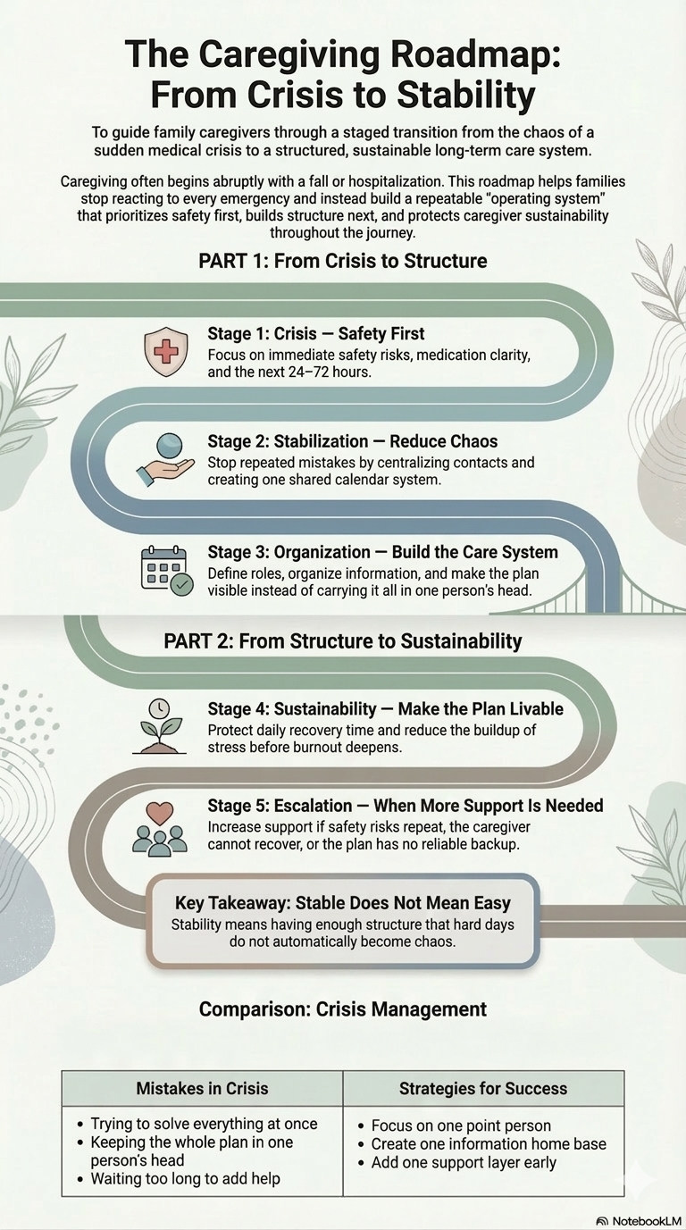 Visual guide showing the caregiving roadmap from crisis to stability, including stages of crisis, stabilization, organization, sustainability, and escalation.