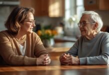 What to Do When an Aging Parent Refuses Help (Without a Power Struggle) A woman and an elderly woman having a heartfelt conversation at home.