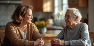 What to Do When an Aging Parent Refuses Help (Without a Power Struggle) A woman and an elderly woman having a heartfelt conversation at home.