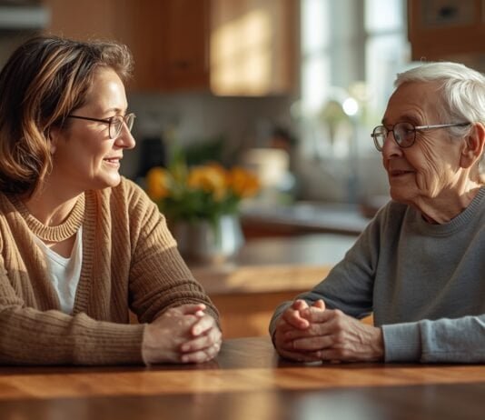 What to Do When an Aging Parent Refuses Help (Without a Power Struggle) A woman and an elderly woman having a heartfelt conversation at home.