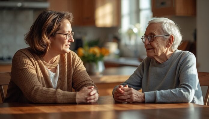 A woman and an elderly woman having a heartfelt conversation at home.