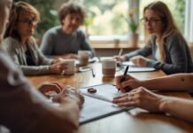 How to Hold a Family Meeting About Caregiving (Agenda, Roles, and Follow-Up) A woman leading a discussion with diverse women around a table in a cozy, well-lit room.