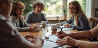How to Hold a Family Meeting About Caregiving (Agenda, Roles, and Follow-Up) A woman leading a discussion with diverse women around a table in a cozy, well-lit room.