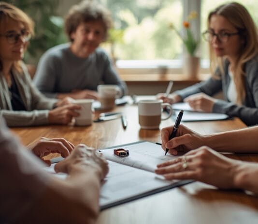 How to Hold a Family Meeting About Caregiving (Agenda, Roles, and Follow-Up) A woman leading a discussion with diverse women around a table in a cozy, well-lit room.