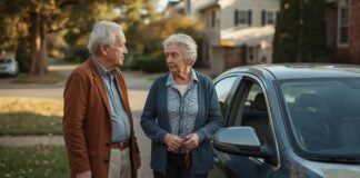 How to Talk to an Aging Parent About Giving Up Driving (Safety + Dignity) Elderly couple talking beside a parked car in a suburban neighborhood.