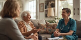 How to Hire an In-Home Caregiver: Questions to Ask and Red Flags Elderly woman talking with healthcare professional and family member at home.