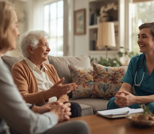 How to Hire an In-Home Caregiver: Questions to Ask and Red Flags Elderly woman talking with healthcare professional and family member at home.